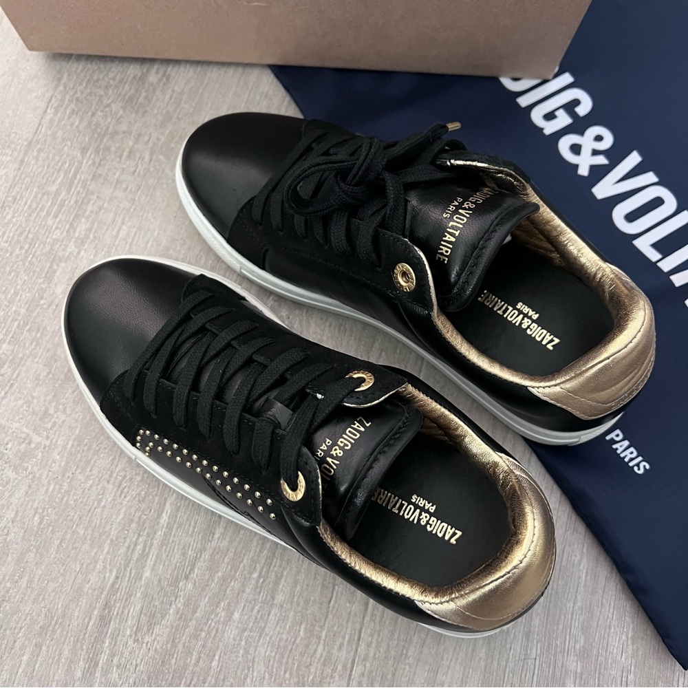 Zadig & Voltaire Black and Gold Sneakers with Gold Studs NWT - Picture 3 of 10